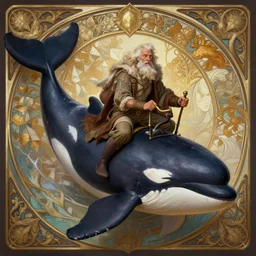 old man riding an orca, deep focus, d & d, fantasy, intricate, elegant, highly detailed, digital painting, artstation, concept art, matte, sharp focus, illustration, hearthstone, art by artgerm and greg rutkowski and alphonse mucha