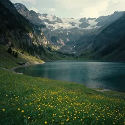 photo of epic alpine lake landscape in spring, first light, a few patches of yellow flowers, cinematic, cinematic, art by michael shainblum,