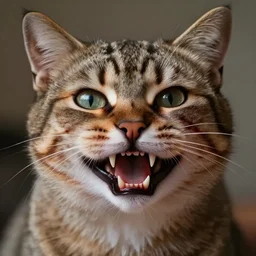a realistic creepy cat with a big realistic smiley mouth, sheep teeths, detailled, and realistic blood on his face.