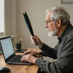an old guy working with a mac labtop and a screen while holding a bat