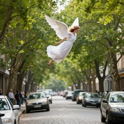 bokeh photography of a female angel dressed in white flies over a cobbled street. the foliage of the trees merges with the cars driving below. passers-by look up to the sky.
