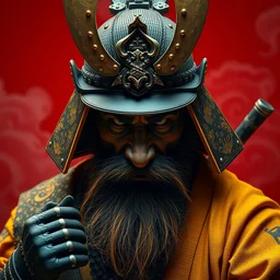 ! dream portrait of old samurai with a goat beard, ready to fight, goth punk, vibrant yellow, colors, surreal, a french baroque by by alexander mcqueen, hyper detailed, very detailed, photograph, cinematic lighting, photorealistic, octane render, red backdrop
