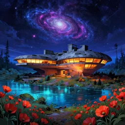 a beautiful hyperdetailed anime illustration of in - law suite abandoned by frank lloyd wright, fisheye poppy cgsociety hyperrealism wilderness at night tundra thermal imaging elysian fantasy cosmic anime azeroth laser uv light lake galactic studio ghibli neon noir matte painting, archdaily, wallpaper, highly detailed, trending on artstation.