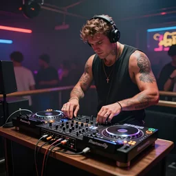 a very buff dj playing at a club using a mixer on a tiny desk, pov, realistic 4 k octane beautifully detailed render, 4 k post - processing, highly detailed, intricate complexity, epic composition, magical atmosphere, cinematic lighting, masterpiece, ultra hd