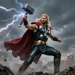 Thor with his hammer in epic pose shooting lightning bolts. 8k photorealistic
