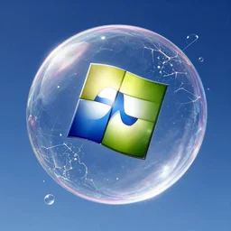 a highly detailed 4 k photograph of the windows xp bliss wallpaper inside of a giant floating soap bubble, shattering in a glassy and intricate sky.
