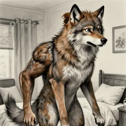 a white man with brown hair is halfway transformed into a furry female werewolf, standing in a bedroom looking shocked at his transformation. art style like rossdraws wlop and artgerm, extreme detail, detailed drawing, zoomed out unblurred face.