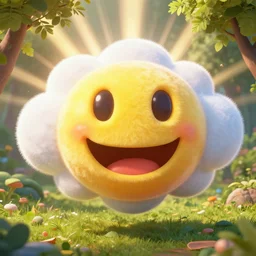 fantastical vibrant bulbous! squidgy! smiley face emoji shaped cloud with holes for eyes and mouth, in a nature scene by marc adamus, high definition, rays of light breaking behind the emoji, 😃😀😄☺🙃😉😗, cheerful, rave art
