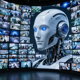 tvs wall, multiples thousand of tv displaying surveillance footage of different universe, watch by the biggest ai robot built, in form of a robot humanoid head, by greg rutkowski