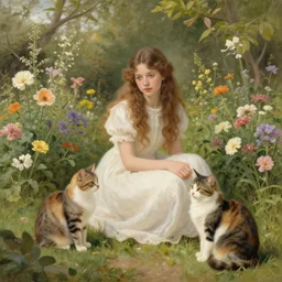 beautiful, A girl and two cats sitting in a flower-filled yard by William Turner