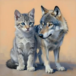 painting of hybrid between kitten & wolf whelp, intercrossed animal, mixture animal, by zdzislaw beksinski, by tiffany bozic, cold hue's, warm tone gradient background, concept art, beautiful composition, digital painting