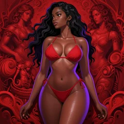 anime, gorgeous, black woman,, full face, full body, side profile, relaxed pose, tiny bikini, shimmering skin, smooth, fit body, wavy hair, curvy, pushup bra, thick, wide hips, defined chest, defined hands, concept art, color theory, high saturation, stylized, intricate accurate details, cinematic, in the style of beksinski, intricate and epic composition, red by caravaggio, insanely quality, highly detailed, masterpiece, purple light, artstation, 4 k