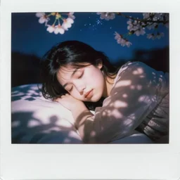 blured shadow of sleepy young woman on white light, focused background blue night sky with stars, blossom sakura, polaroid photo