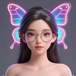 a 3 d model of an exotic beautiful woman with a neon butterfly head, glasses, perfect eyes, perfect symmetrical lips, unreal engine, cinema 4 d, intricate details, 8 k, ultra realistic, super detailed, octane, ray tracing, artstation, beeple, shiny plastic viny look