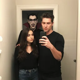 a handsome guy and a girl take a selfie in front of a mirror in the bathroom. behind them in the doorway stands a vampire in horn - rimmed glasses with long fangs.
