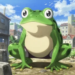 attack on titan but the titan is a frog, key anime visual, the frog is terrorizing the city, award-winning