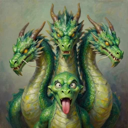 Realistic oil portrait of a Three-headed green dragon, two heads having menacing expressions glance sideways towards the third head who has stupid face and a tongue out
