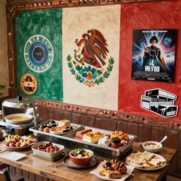 from above, breakfast buffet, mexican mural, 1 9 7 0 science fiction movie, cut out