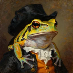 a head and shoulders portrait painting of an anthropomorphic!!!!!!!!!! amazon milk frog!!!!!!!!!! wearing a colonial outfit without a hat looking off camera, a character portrait, romanticism, oil on canvas, dense brushstrokes, intense color
