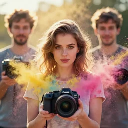 portrait photography of a beautiful woman surrounded by colored powder explosions byanka zhuravleva and ary scheffer. jean james and marco mazzoni. vogue. kodak portra. ( depth of field ). bokeh!. golden hour. detailed. hq. realistic. vibrant. lens flare. canon eos r 3, 8 k, raw, symmetrical balance, in - frame