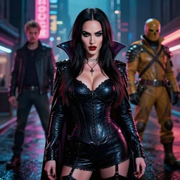 a 2 8 mm closeup photo of megan fox posing as a vampire in emo clothing in a wet city street at night, intricate, hyper detailed, smooth, high contrast, neon, volumetric lighting, octane, moebius, greg rutkowski, blade runner, ripley scott, mad max, cindmatic