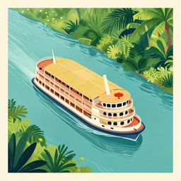 aerial view of the jungle cruise riverboat in a river in adventureland disneyland, poster art, concept art, colorful, 2 d, flat style, nautical navigation map, minimalist modern art photo illustration ink drawing woodcut retro