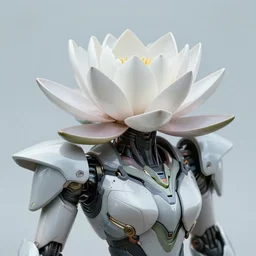 futuristic nymphaea themed mecha waterlily upper body, sepals forming helmet, highly detailed, nymphaea, 4 k hd resolution, barbatos gundam with floral inlay, bandai box art, star wars, makoto kobayashi, frank gehry, raymond swanland