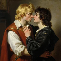 attractive male, blond hair arthur pendragon confesses his love to attractive male, dark hair merlin. highly detailed painting by gaston bussiere, craig mullins, j. c. leyendecker 8 k