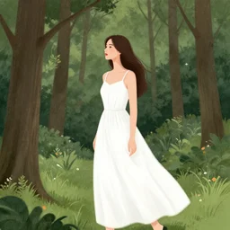 a drawing of a woman in a white dress in a forest