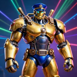 portrait photo of a giant muscular golden and blue metal steampunk robot bodybuilder bouncer security with gears and tubes, eyes are police lights, shiny crisp finish, 3 d render, 8 k, insaneley detailed, fluorescent colors, background is multicolored lasershow