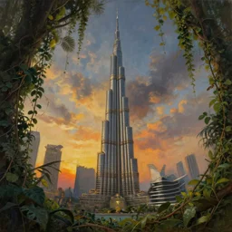 burj khalifa surrounded by vines in a jungle, moody sunset and dramatic sky , oil painting by frazetta, low angle, postapocalyptic, cinemascope panorama