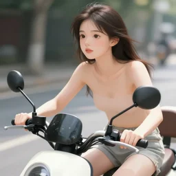 medium closeup shot of a young asian girl, not wearing clothes, riding on the moped scooter, on the street, digital illustration by ruan jia on artstation, sunlight, soft lighting flood on female body