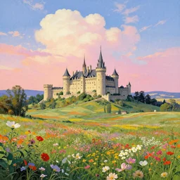exquisite vast landscape with castles, flowers, beautiful sky, complimentary colours movie poster by : : norman rockwell, sargent, james gurney weta studio, trending on artstation james jean frank frazetta