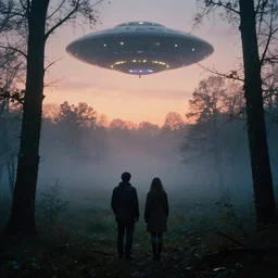 couple lost in the foggy woods, glowing ufo in the sky, sundown, rain, moody, by simon stalenhag, greg rutkowsky, artgerm
