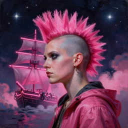 heaven pink, portrait punk, pink mohawk, space, hyperdetailed illustration, stars, neon, oil painting, rich deep colors masterpiece, ultra detailed, contrast, clouds, volumetric light, atmospheric lighting, pirate neon ship, dramatic, cinematic, moody, octane render 4 k, 8 k