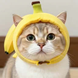 realistic photo of an adorable cat wearing a banana hat, highly detailed,