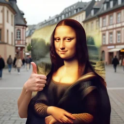 casual photograph of a woman giving a thumbs up in the city of marburg hesse, with the poise and appearance and clothing of the ( ( ( ( ( ( ( ( mona lisa ) ) ) ) ) ) ) ), taken in 2 0 1 9 with a digital camera, full color, head shot