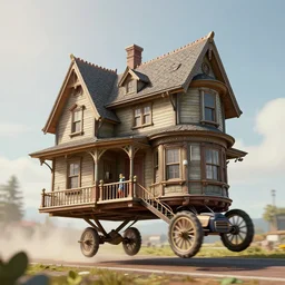 Alexander Jansson Style, flying house victorian in a race competition, ealistic, Many Details, Ultra Detailed, Octane Render, Real Engine 5 Cinematic, Realistic, Intricate Detail, Finely Detailed, Small Details, Extra Detail, Extra Detail, Extra Detail, Extra Detail More details, tiny details, high resolution, 3D, PBR, path tracing, volumeric lighting, octane render, Arnold Render, 8k
