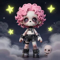 view drawing full body!! t pose!! portrait of a grungy skull anime and chibi very cute doll by super ss, cyberpunk fashion, nendoroid, kawaii, curly pink hair, night sky, looking up, swirly clouds, neon yellow stars, by wlop, james jean, victo ngai, muted colors, highly detailed