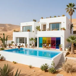 habitat 6 7, white terraced architecture house in the dessert, many plants and infinite pool, colorful glass wall, joyful people