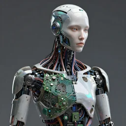 portrait of a cyberpunk cyborg half robot, revealing wires and electronics, circuit boards, wire management, sci - fi, missing panels, intricate abstract upper body intricate artwork, concept art, octane render, deviantart, cinematic, key art, hyperrealism, iridescent accents, portrait photograph, nikon 3 5 mm, photograph by greg rutkowski