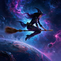 cyberpunk witch flying on a broom landing on an alien planet surface, highly detailed, intricate, by Raphael Lacoste, Eddie Mendoza, Alex Ross, background of neon outer space nebulas by Pilar Gogar, concept art, matte painting, 8K HDR