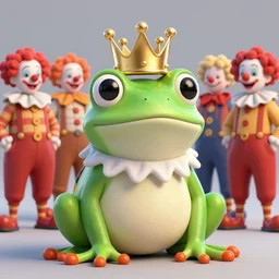 Clown Frog King has his crown stolen by a gang of clowns, clown frog king wearing clown makeup and rainbow wig, clown king pepe, clown crown artwork by Glenn Fabry and Kentaro Miura
