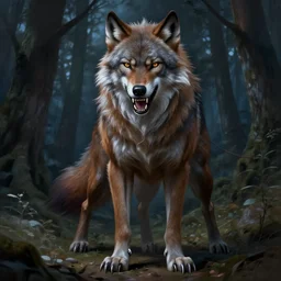 fullbody portrait of a werewolf, bared teeth, long claws, by greg rutkowski and alphonse mucha, gradient brown to silver, in front of a forest at night background, highly detailed portrait, digital painting, artstation, concept art, smooth, sharp focus illustration