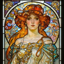 bust portrait stained glass artwork, imogen poots paladin, by alphonse mucha. art nouveau neo - gothic stained glass by mucha. dota. swirly intricate glass linework background. gaudy colors, sharp edges. ultra clear detailed. 8 k. elegant. octane render
