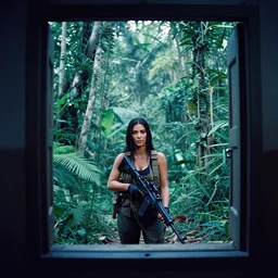 film still, extreme far view, kim kardashian, jungle, vietnam door gunner, apocalypse now, associated press, 2 6 mm, kodak ektachrome, blue tint expired film
