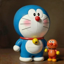 a painting of a cracked ceramic doraemon toy painted and anpanman with poor blue and pink pigments, a flemish baroque by dino valls and jc leyendecker, trending on zbrush central, classical realism, flemish baroque, hyper realism, chiaroscuro