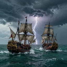 a real life occurrence of two pirate ships in the midst of a thunderstorm typhoon fighting a battle for all their treasure, the sea is vast and is a deep greenish blue, there is a thunderstorm forming above with ominous looking clouds, the fight is happening in the midst of the storm