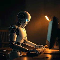 robot working on a computer, cinematic lighting, award winning photography