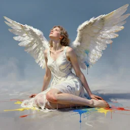 fallen angel looking up to the sky, dripping paint, cg society contest winner, altmoder, expressionism, beautiful composition, photorealism,